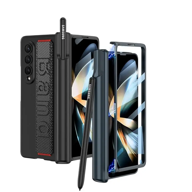 

Anti-shock Wristband Matte Case For Samsung Galaxy Z Fold 4 Fold4 ZFold4 Magnetic Hinge Pen Holder Hard PC Cover with Glass Film