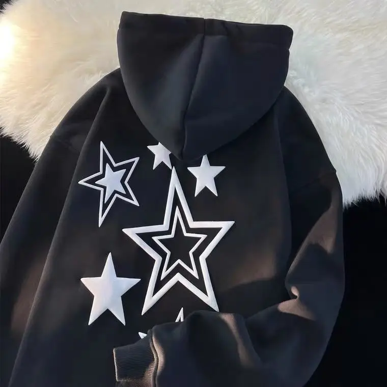 

High Street Y2k Autumn And Winter Hooded Zip-up Star Hoodie Hoodies Couple Jacket Stitch Trend American Style Loose Pure Cotton