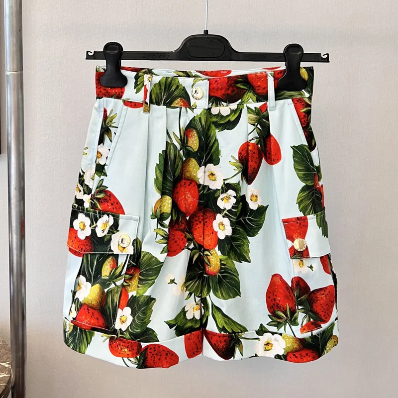 High Quality Women's Shorts Poplin Cotton Strawberry Print T-shirt Set Holiday  Fashion Runway Summer