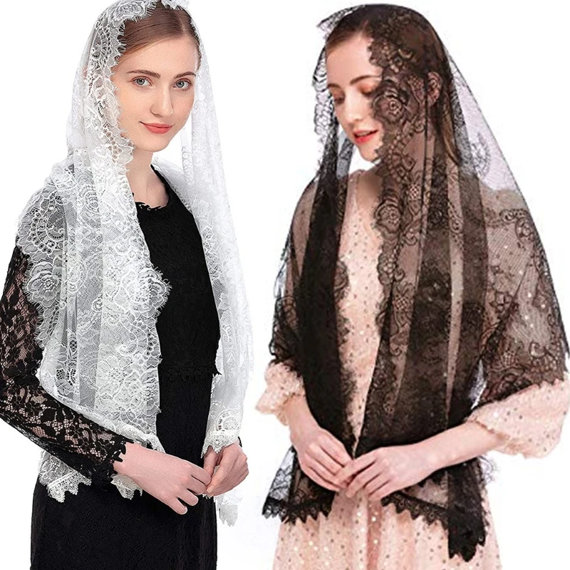 

Lace Mantilla Veil Soft and Comfortable 2 Colors Black and White Spanish Style Rose Lace Veil Head Covering Wraps
