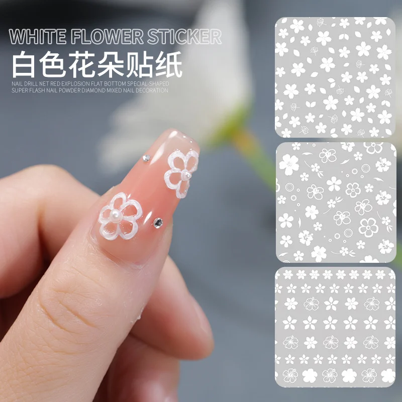 

1pcs 3D New Spring Flower Nail Stickers White Small Floral Self Adhesive Transfer Slider Wrap Fashion Nail Art Decoration Suppli