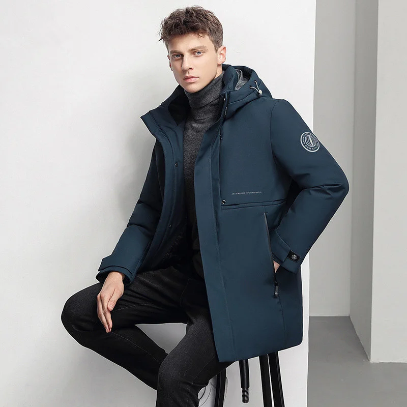 

Зимняя мужская куртка из гусиного пуха средней длины со съемной шапкой, утепленное уличное черное пальто