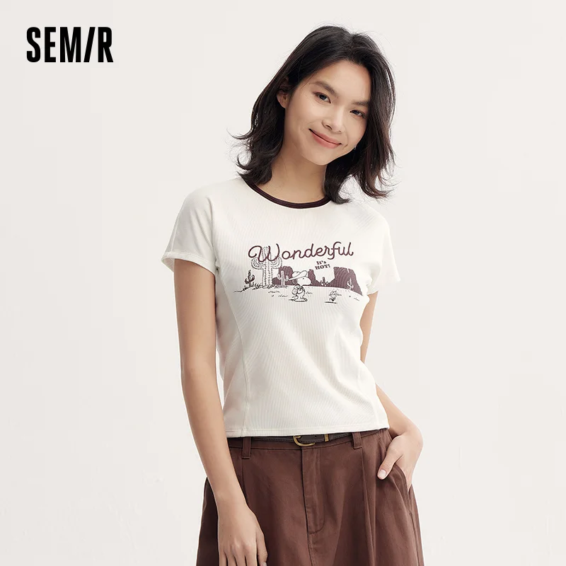 Фото Короткая футболка Semir, тонкий топ, женский летний топ 2025, цветной блок, модный винтажный принт №1