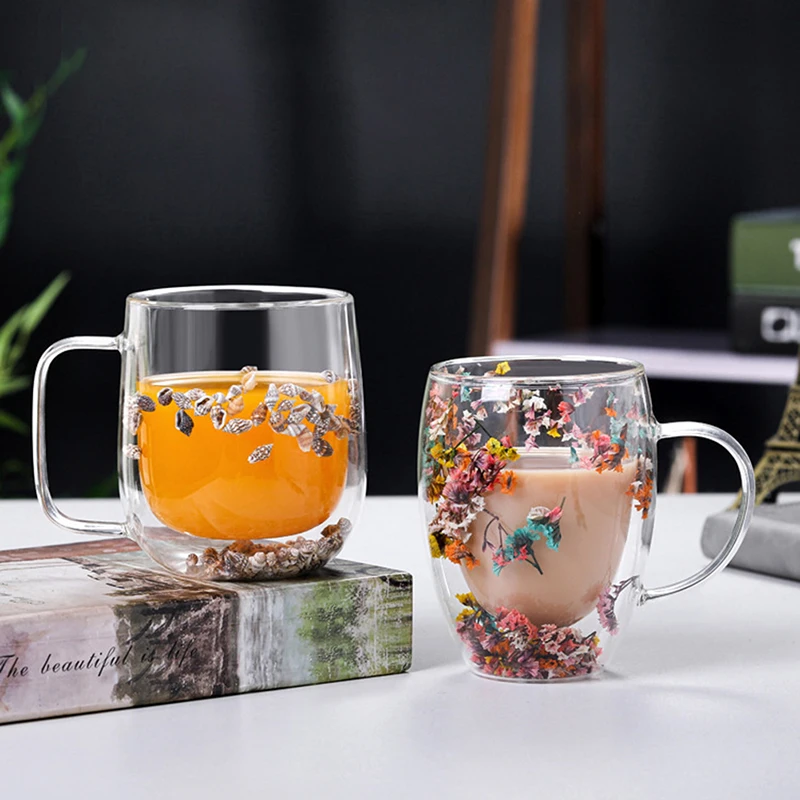

1 Piece Creative Double Wall Glass Mug Cup with Dry Flower Sea Snail Conchs Glitters Fillings for Coffee Juice Milk cup