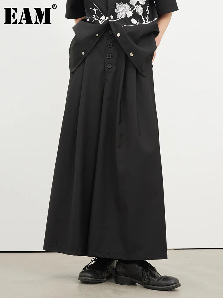 

[EAM] черные плиссированные длинные широкие брюки с высокой эластичной талией, новые свободные брюки для женщин, модные весенне-осенние 2023 1DF8327