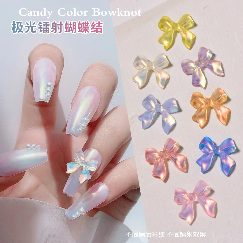 

100pcs/Bag Candy Color Jelly Bowknot Rhinestone for Nails Aurora Ribbon Bow Nail Jewelry Charms Manicure Supplies DIY Nail Parts