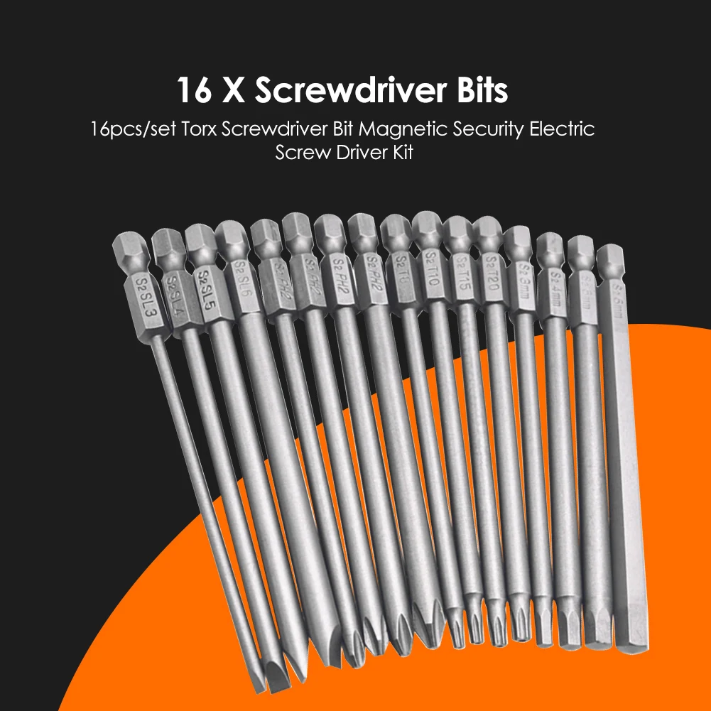 

16pcs/set Torx Slotted Screwdriver Bit 100mm Magnetic Electric Screw Driver Kit Excellent Craftsmanship Well Durability