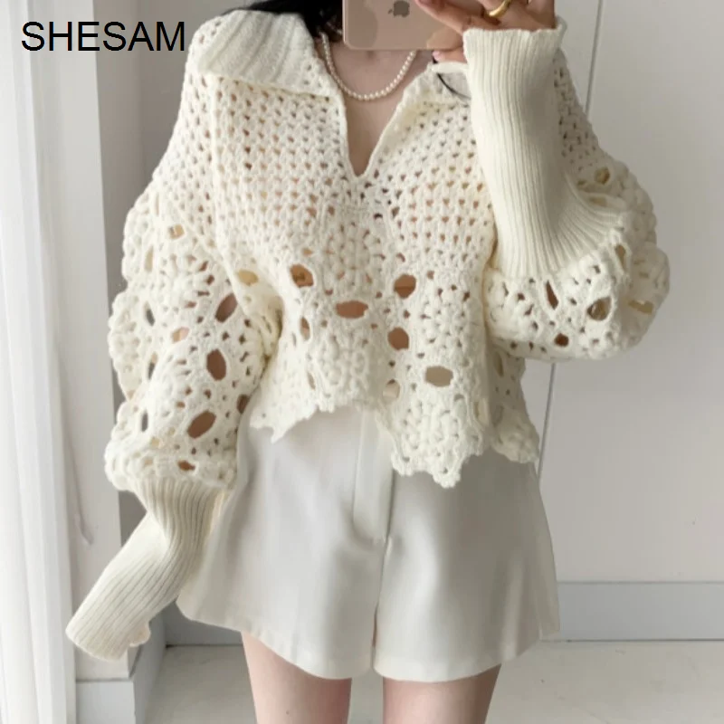 

Sexy Hollow Polo Shirt Chic Spring And Autumn Lazy Style Loose Design Sense Of Lantern Sleeve Hook Flower Hollow Out Sweater
