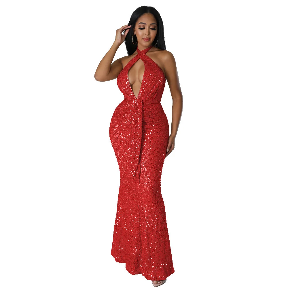 

2023 Women Style Fishtail Dress Hollow Out Ribbon Sequins Sexy Night Club Dresses Halter Neck Sleeveless Party Evening Vestido