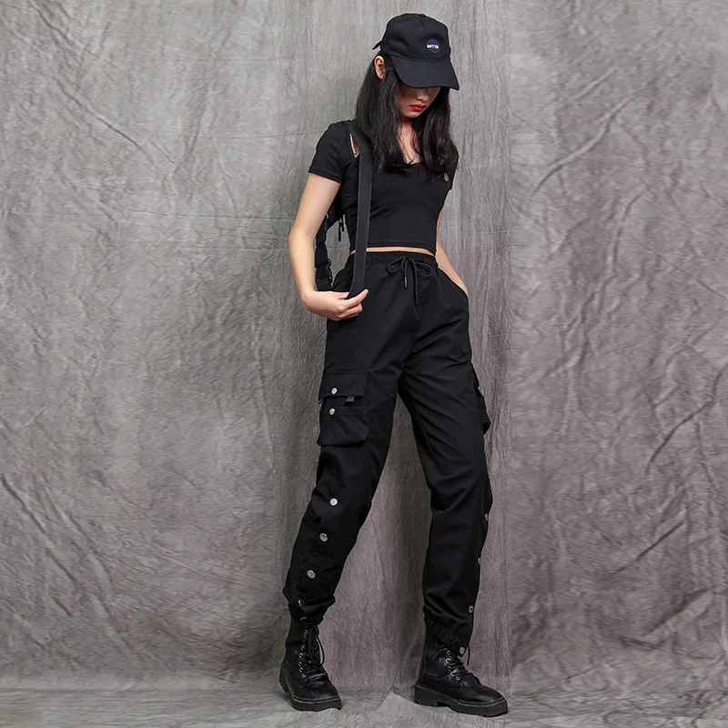 Брюки-карго Женские повседневные модные штаны на завязках однотонные черные