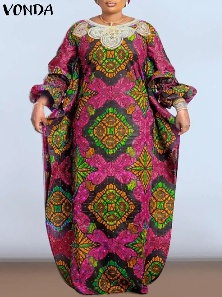 

Summer Bohemain Maxi Dress 2023 Women Vintage Floral Print Sundress Vintage Round Neck Lantern Sleeve Party Vestidos Robe Femme