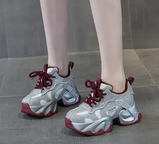 8CM Synthetic Bling Platform Wedge Heel Casual Shoes Zapatos Mujer Deportivos Autumn Women Chunky Female Fashion Sneakers