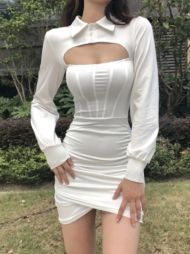 

Women's Dress Hollow Out Long Sleeve Shirt Dress Spring Autumn New Single Breasted Bag Hip Slim Sexy Bodycon Dress Woman Clothes
