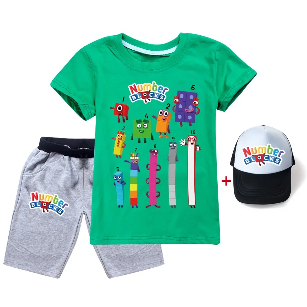Kids Clothes Set Short Sleeve T Shirts Number Blocks T-shirt Children's Clothing Boys Tshirt+short Pant+Hat 3Pcs Teen Girls Tops