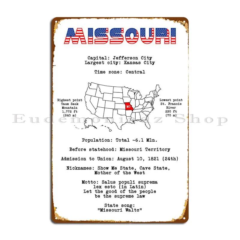 

Missouri Metal Sign Wall Decor Wall Decor Personalized Cave Plates Tin Sign Poster