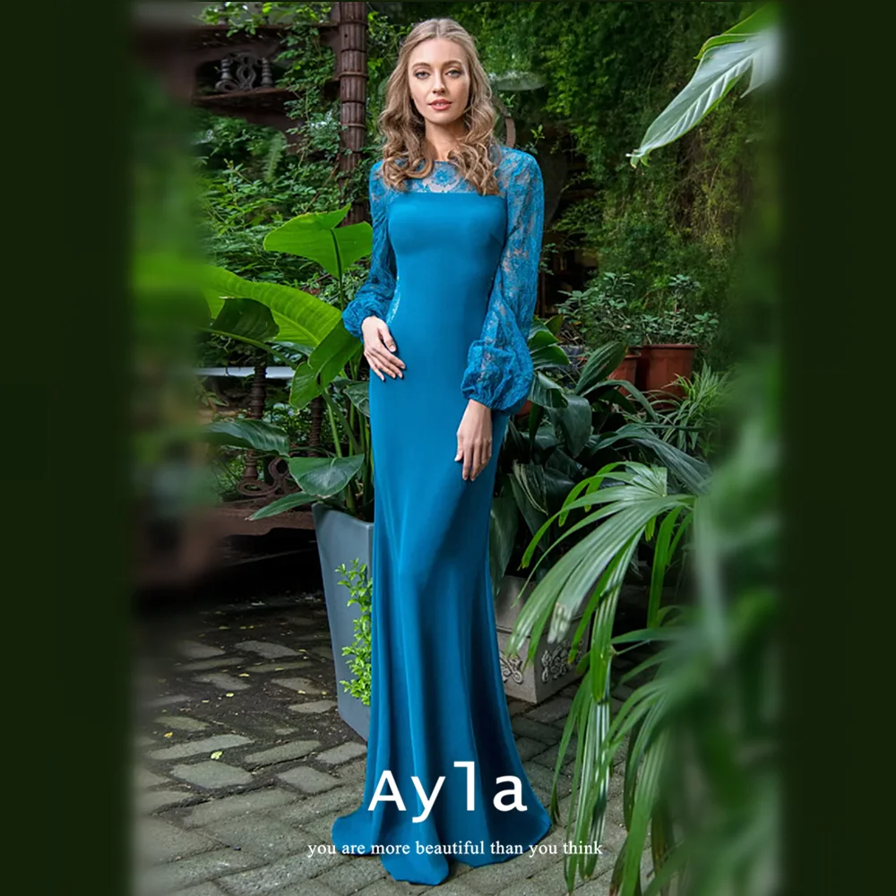 

Grace Blue Wedding Guest Evening Dress With Lace Sleeves Gowns Sweep Train Custom Vestidos De Fiesta Mother of the Bride Dress