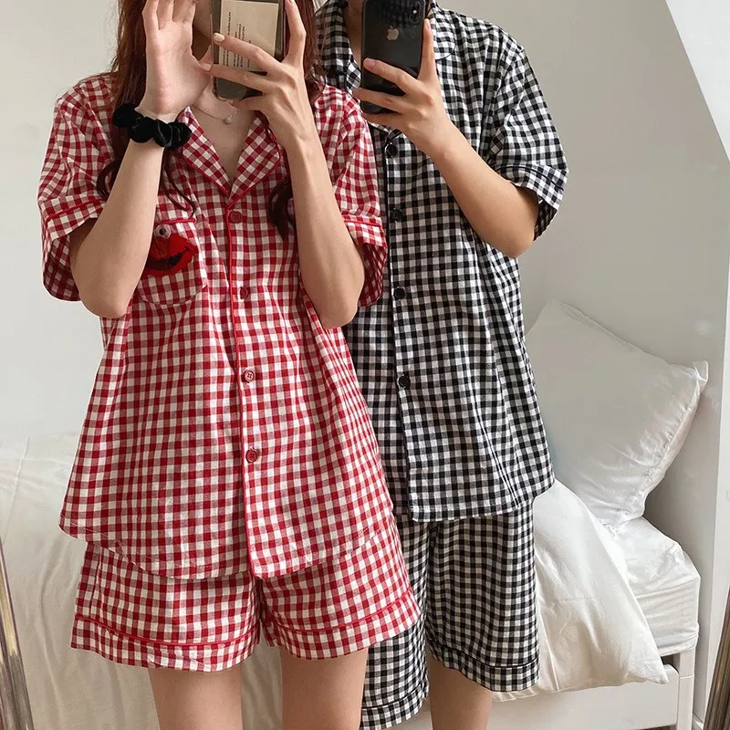 

Short sleeve] Elmo character check cotton couple honeymoon nightwear set pajama set