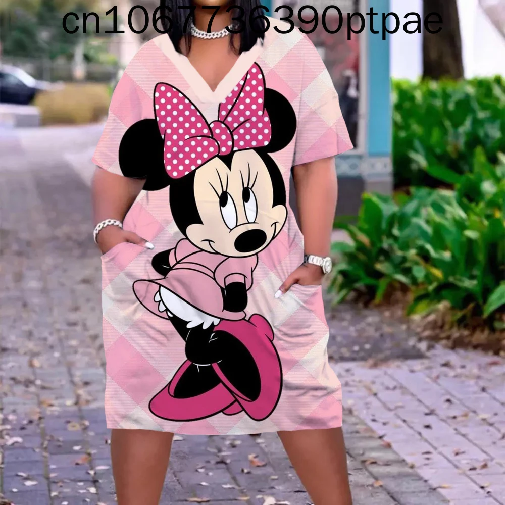 

Disney Minnie Print Dress Women Fashion Beach Sexy Girls Mid Length Dress Summer Short Sleeve Cute Party Dress Elegant Sun Dress