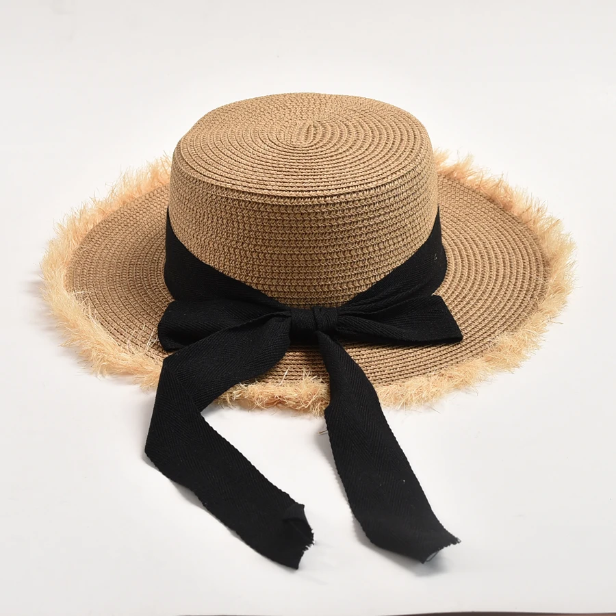 

Summer Straw Hat for Women Black and White Ribbon Bowknot Sun Protection Beach Hat Lady Outdoor Foldable Holiday Sun Cap