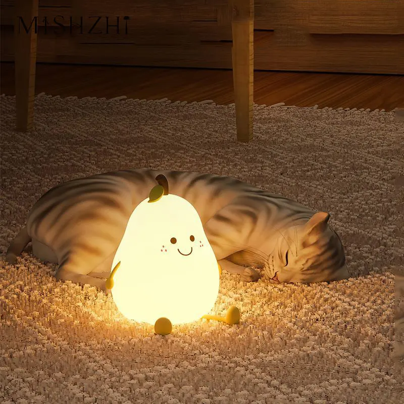 

LED Pear Fruit Night Light USB Rechargeable Dimming Touch Silicone Table Lamp Bedroom Bedside Decoration Couple Gift Boby Light