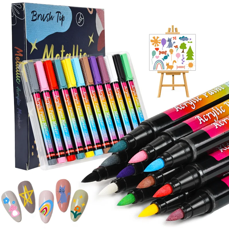 12-color Super Gold Nail Painting Doodle Pen Fiber Tip Marker High Elastic Soft Tip Color Hand-painted Dot Stitching DIY Brush