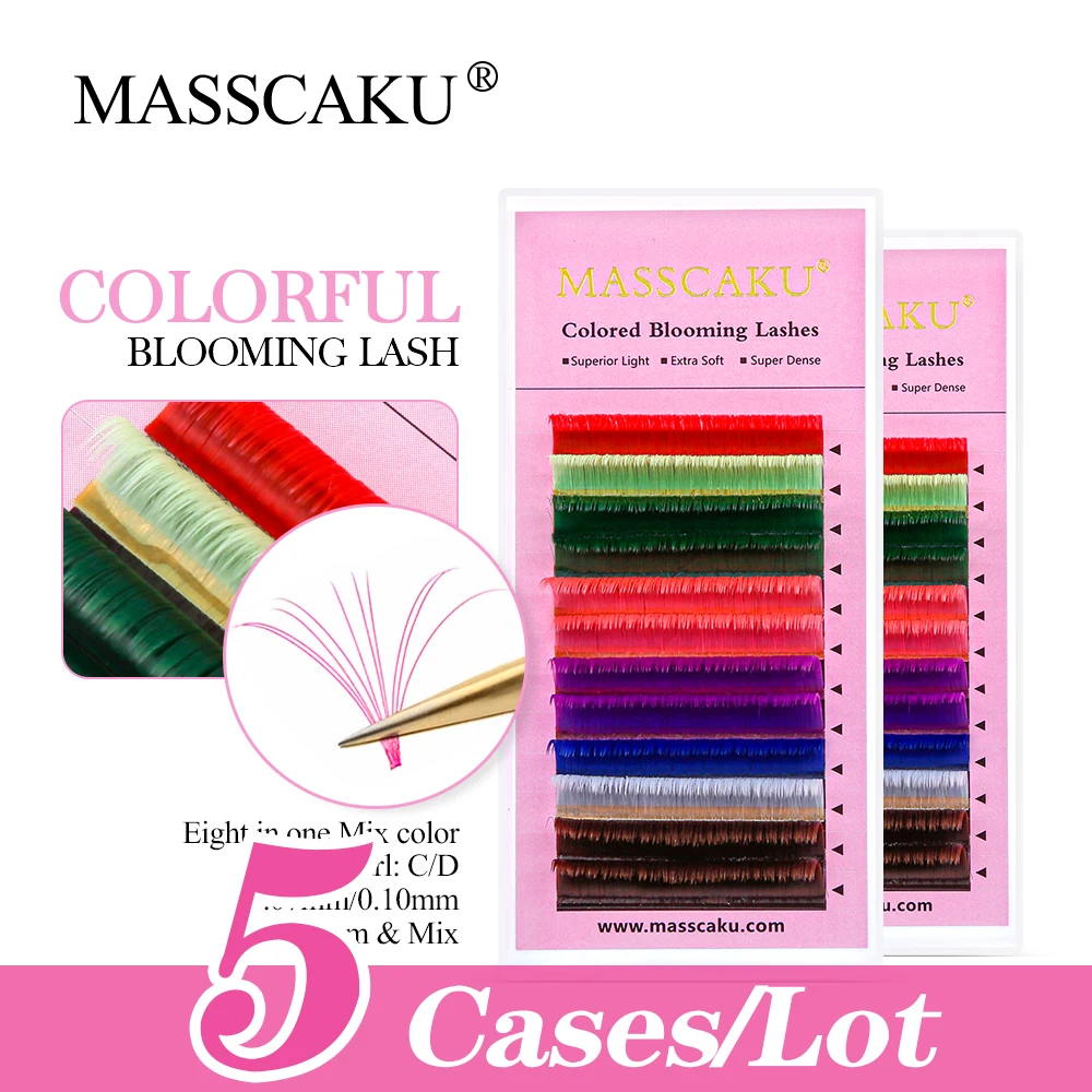 5case/lot MASSCAKU 8-15mm Mixed Color Austomatic Flowering Eyelash Extensions Easy Grafting Super Soft Blooming Lashes Supplies