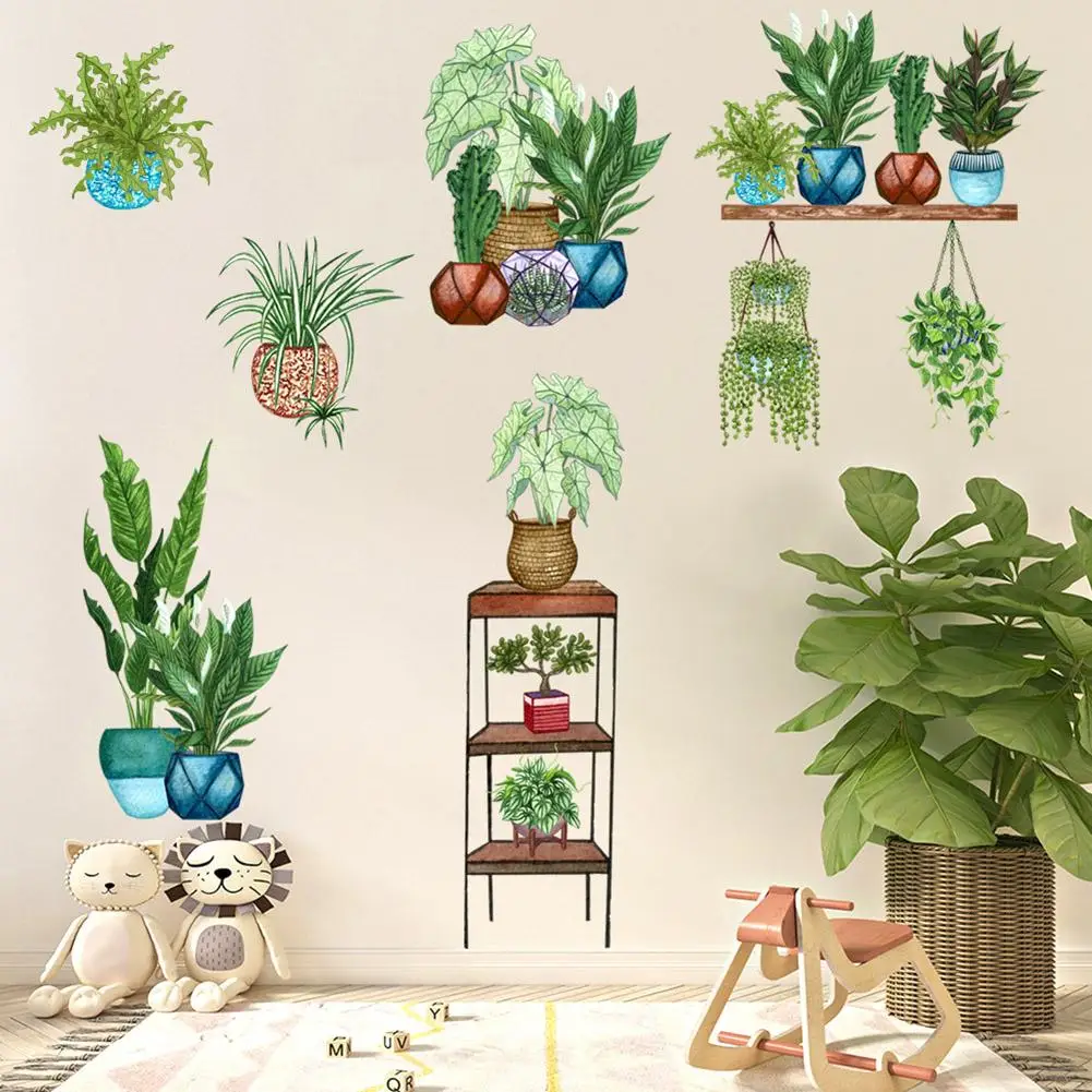 

2pcs Self-adhesive Wall Stickers Green Plants Potted Cactus Mural Art Posters For Living Room Bedroom Decoration