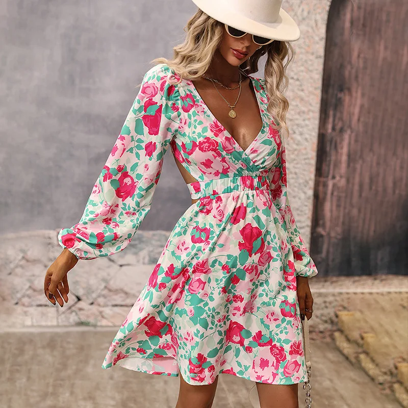 

Dress Beach Summer 2022 Clothes Sarong Swimwear Sundresses For Women Cover Ups Kaftan Praia Fall Red Tied V Neck Long Sleeve