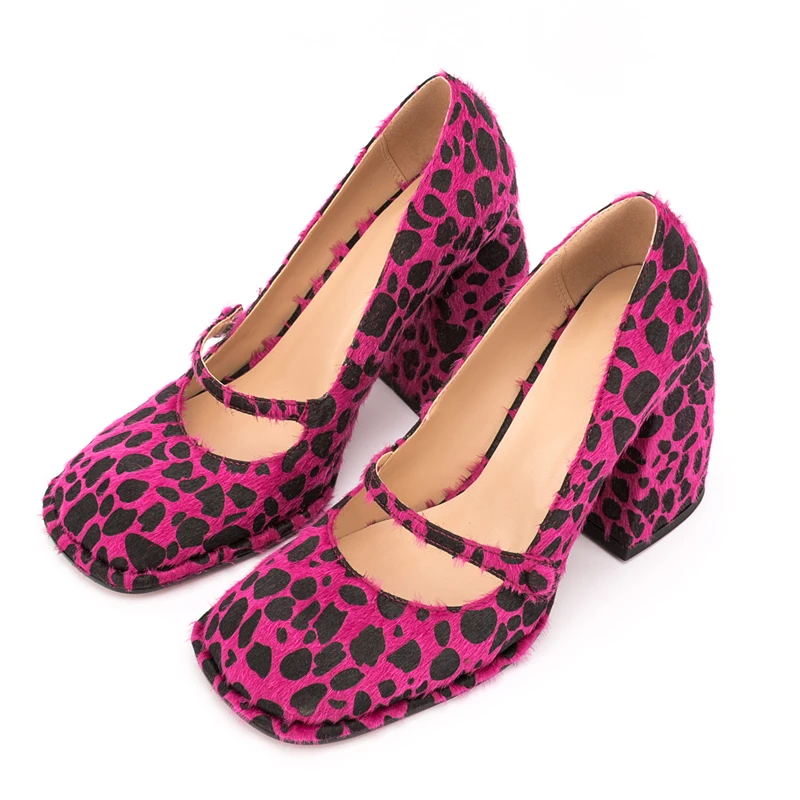 

Cheetah Print Square Toe Faux Fur Slip-on Pumps Shoes Front Strap Mary Jane Shoes Students Chunky Heel Dress Shoes Big Size 45