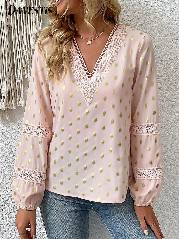 

Женский жаккардовый Топ в горошек, с длинным рукавом и V-образным вырезом