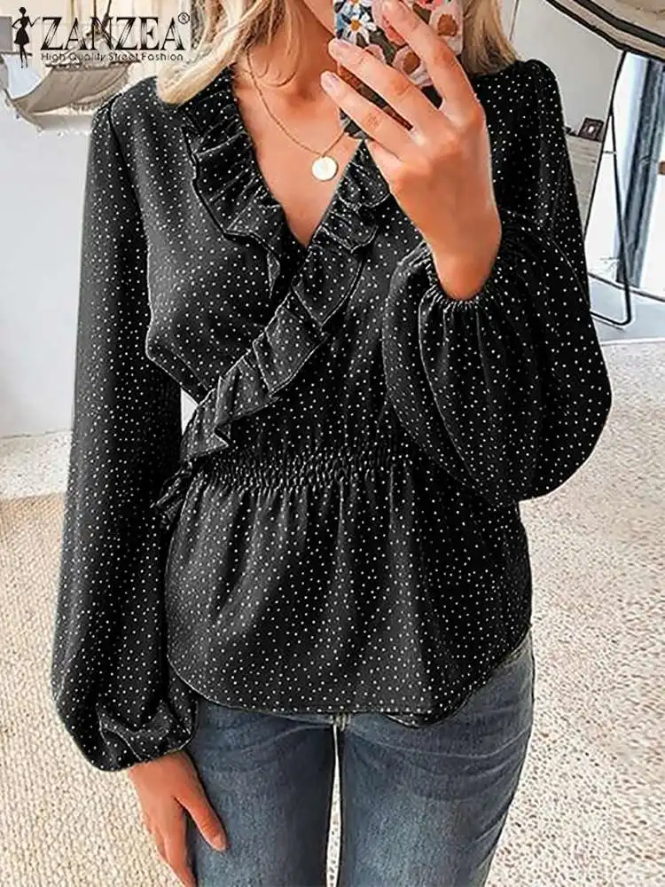 

ZANZEA Fashion Ruffle Shirts Women Elegant Polka Dot Blouse 2022 Spring V Neck Tops Holiday Long Sleeve Blusas Bohemian Chemise