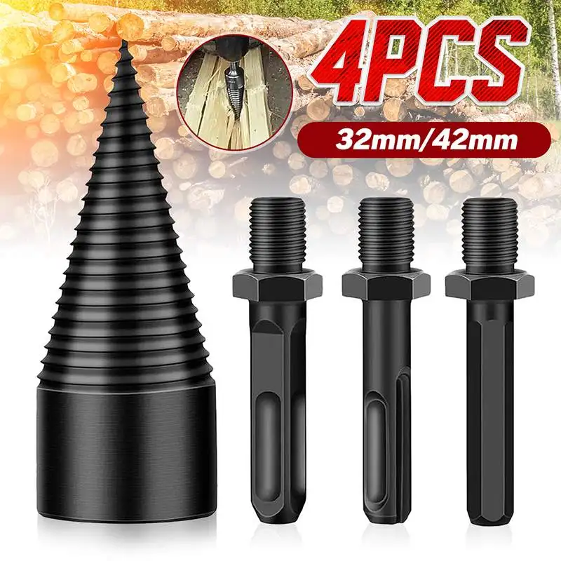 

32/42mm Firewood Splitter Machine Drill Bit Round/Hexagonal Shank Wood Splitting Cone Reamer Punch Driver Bits Woodworking Tools