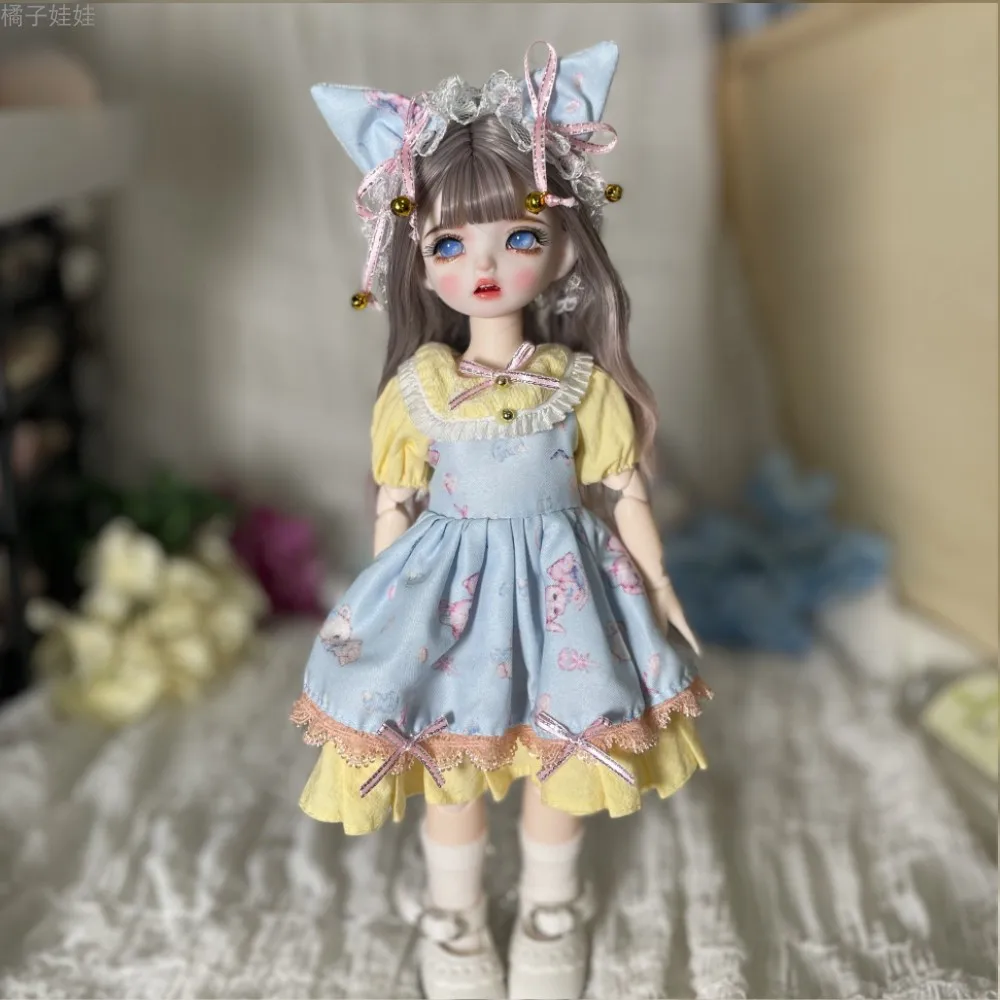 

1/6 Doll Mjd 22 Joint Girl Body Yellow-Blue Dress Clothes Wig Birthday Gift