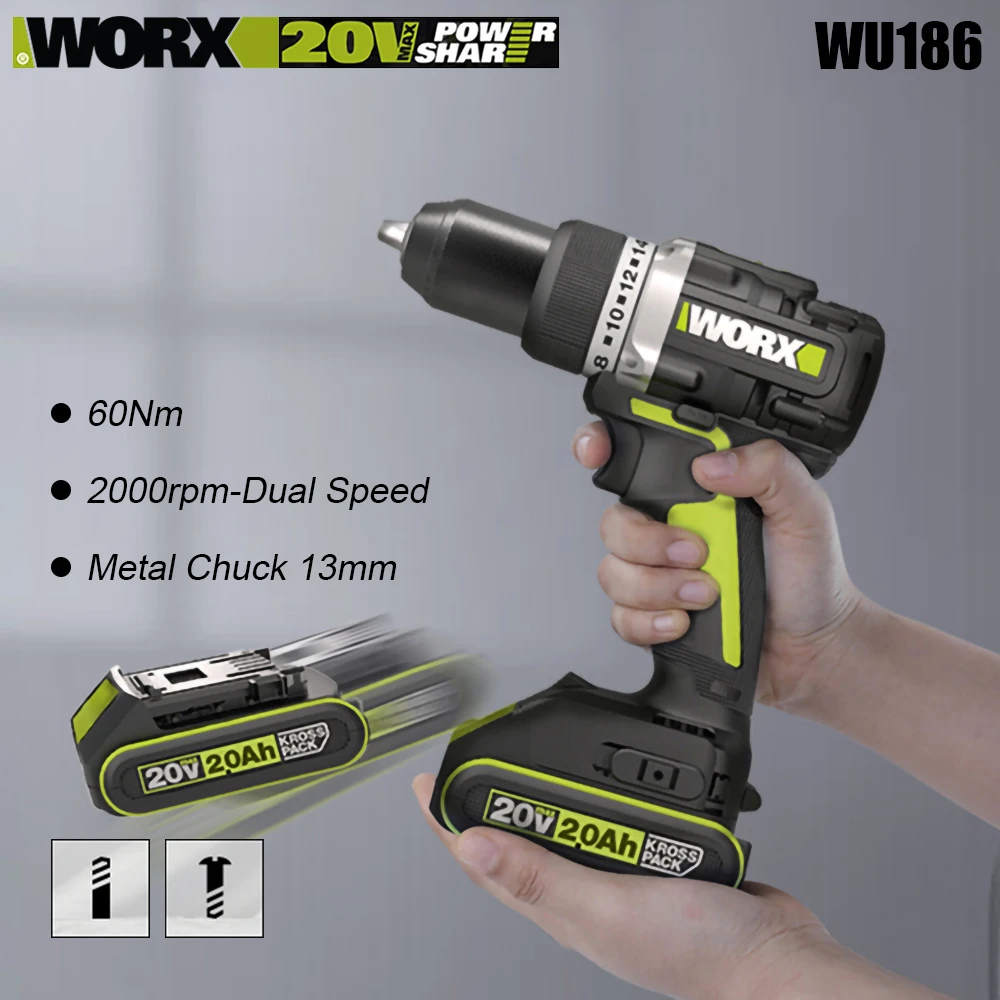

WORX WU186 Cordless Drill Brushless Motor 20V 60Nm 2000rpm 2 Speed Adjustable Power Share Green Battery Platform Electric Tools