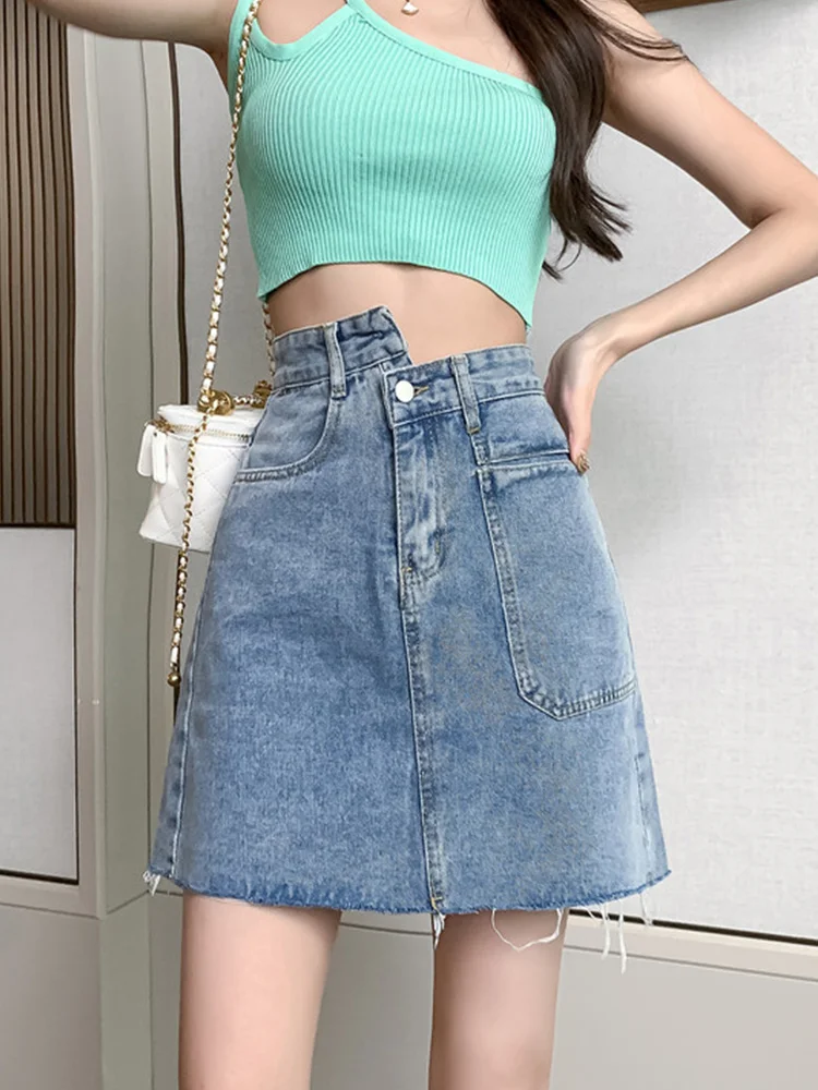 

Summer Women High Waist Asymmetrical Washed Blue Raw Hem Mini Denim Skirt Streetwear Female A-line Loose Jeans Skirts