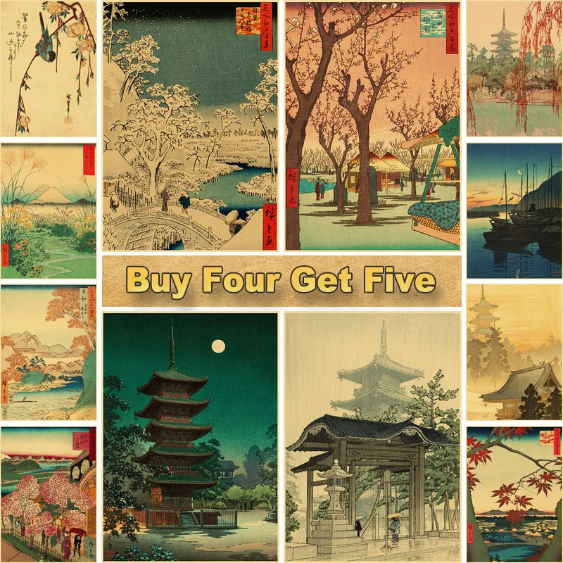 

Famous Japan Vintage Landscape Art Painting Mount Fuji Retro Kraft Paper Poster Living Room Cafe Decorative Mural Home Decor
