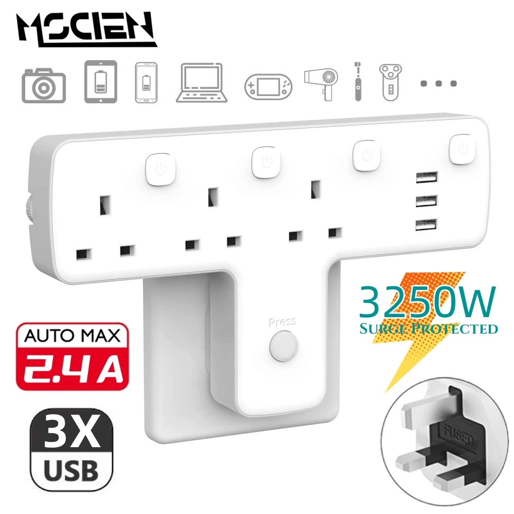 

MSCIEN T Shape Rotatable Plug Adapter Extension Power Socket with USB Charge Ports Surge Protected AC Outlets Wall Socket UK SA