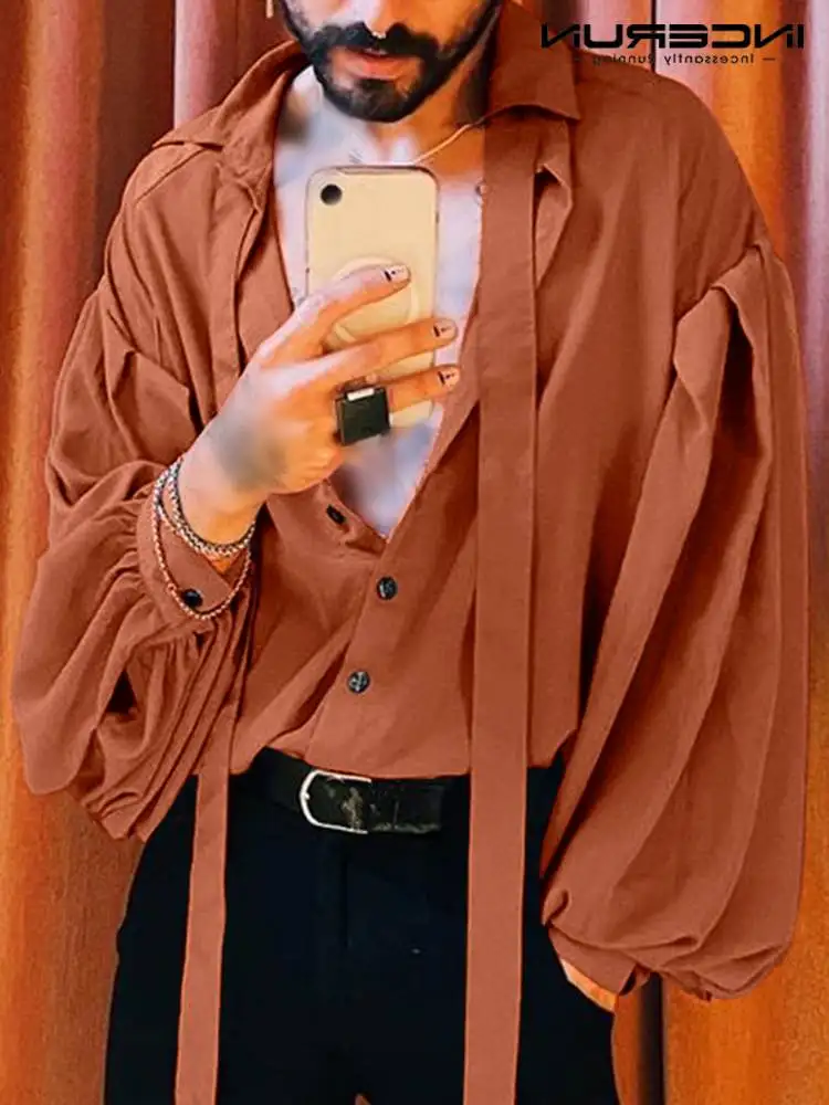 

Fashion Men Shirt Solid Color Lapel Puff Long Sleeve With Tie Camisa Masculina 2022 Streetwear Loose Casual Shirts S-5XL INCERUN
