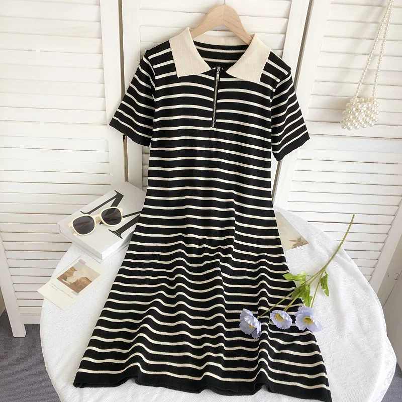 

College Striped Polo Collar zipper Dress Women's Summer 2022 New Design High Waist Thin Casual Short Sleeve Ladies Sundress
