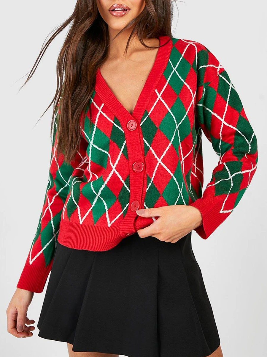Women s Christmas Sweater Cardigan Long Sleeve V Neck Button Up Rhombic Print Knitwear