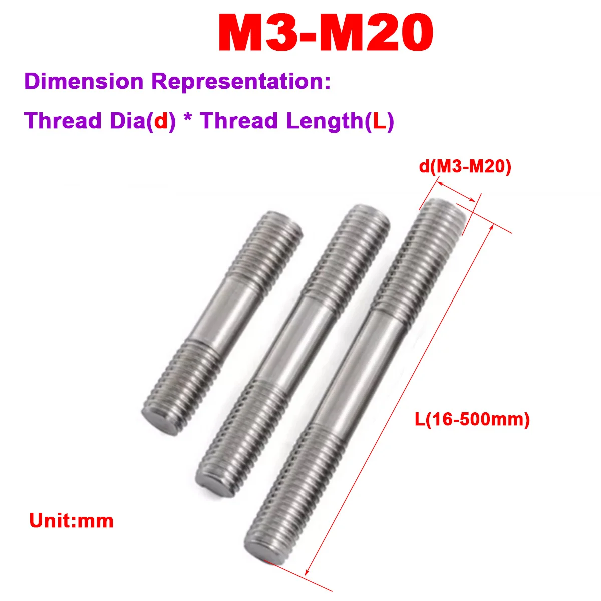

304 Stainless Steel Double Head Threaded Rod / Bolt M12M14M16