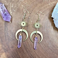 natural purple quartz aura crystal earrings brass eye and moon earrings witchy goddess jewelry rainbow crystal earrings