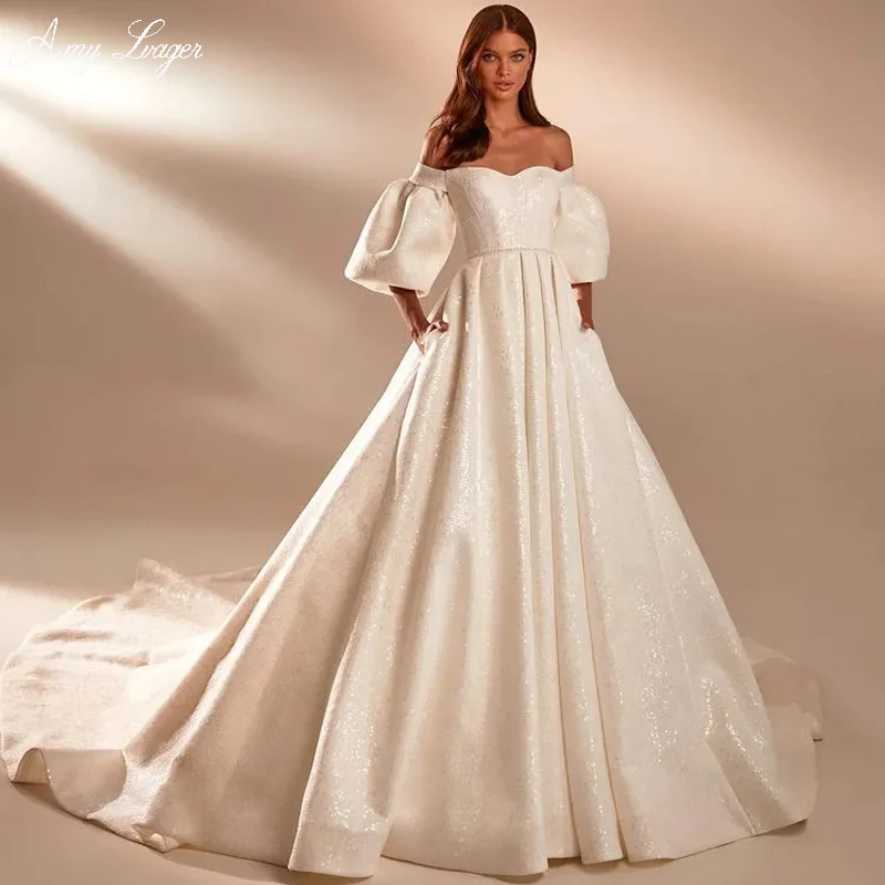 

AmyLvager Romantic Sweetheart Neck Puff Sleeve A-Line Wedding Dress 2023 Gorgeous Sequins Lace Court Train Princess Bridal Gown