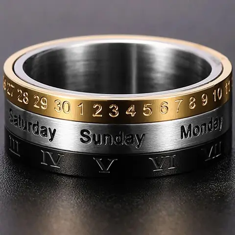 Мужское вращающееся кольцо на палец с календарем, мужское кольцо для беспокойства, время, неделя, дата, модные черные кольца-Спиннер для мужчин, лечебный фиджет