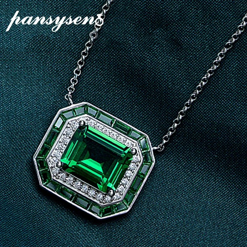 

PANSYSEN 100% 925 Sterling Silver 9*11MM Emerald Cut Created Moissanite Emerald Gemstone Pendant Necklace for Women Fine Jewelry