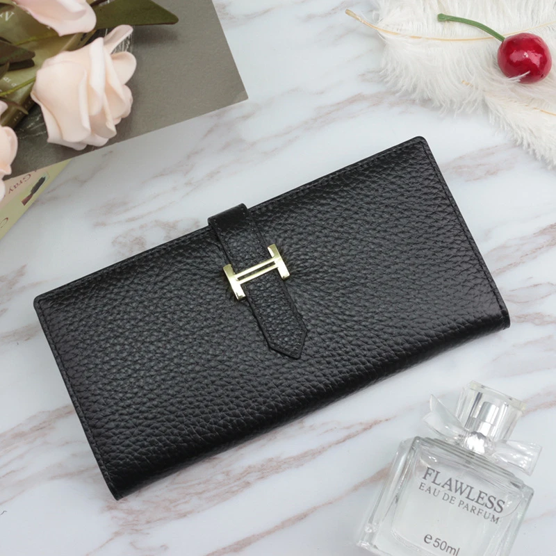 

Genuine Leather Women Wallets Luxury Long Hasp Lychee Pattern Coin Purses Female Brand Solid Colors New Thin Clutch Phone Bag