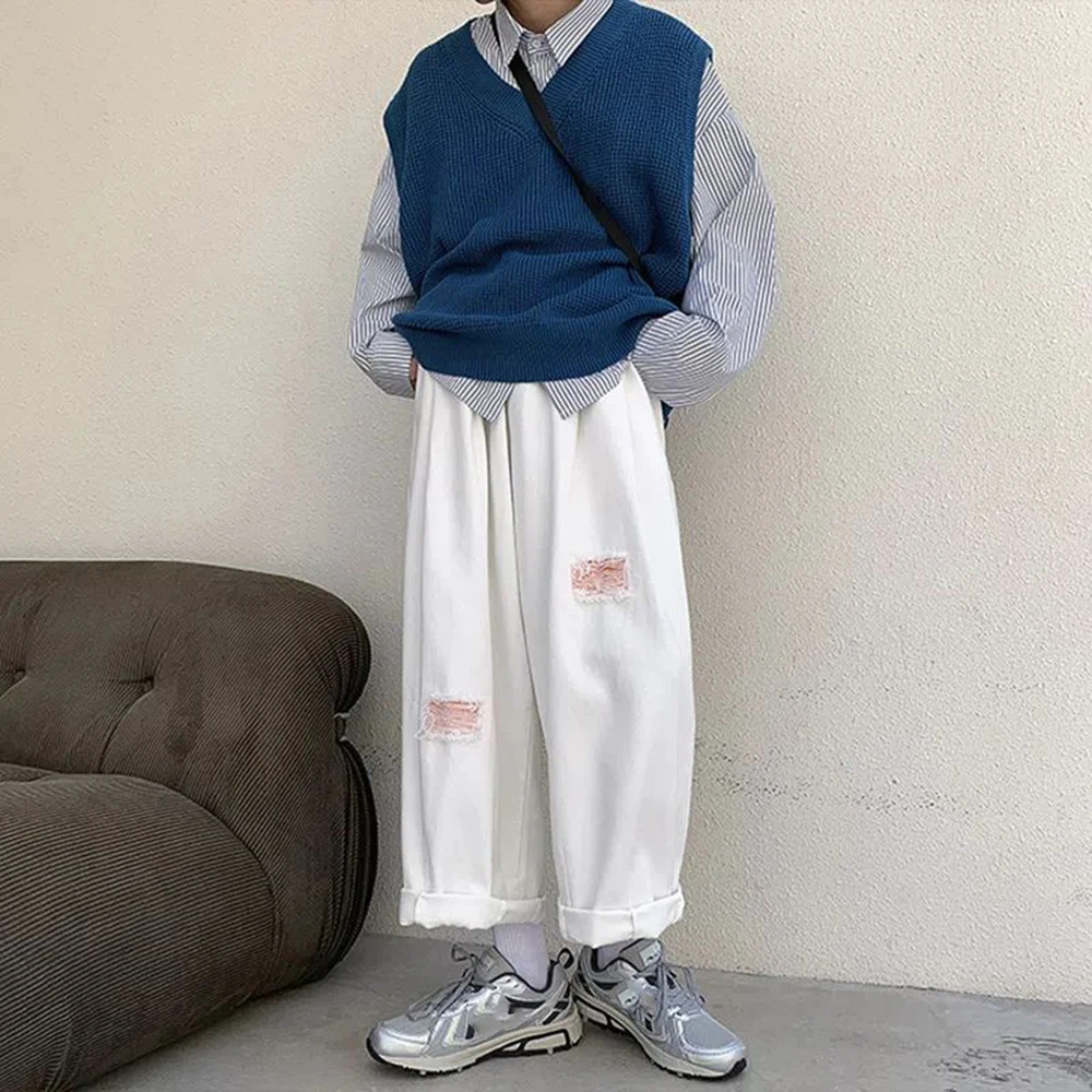 

Тренд бренда Tide, новинка, мужская одежда в японском стиле ретро, рваные джинсы, укороченные брюки с широкими штанинами, свободные прямые брюки