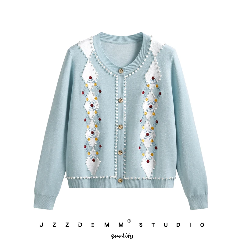 

Heavy industry beaded embroidered cardigan women's high-end sweater jacket knitted sweater top