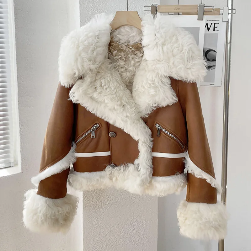Women's Genuine Sheepskin Leather Jacket Thick Warm Spring Autumn Fur Coats Lady Fashion Lamb Fur Shearling Outwear ZJ3902