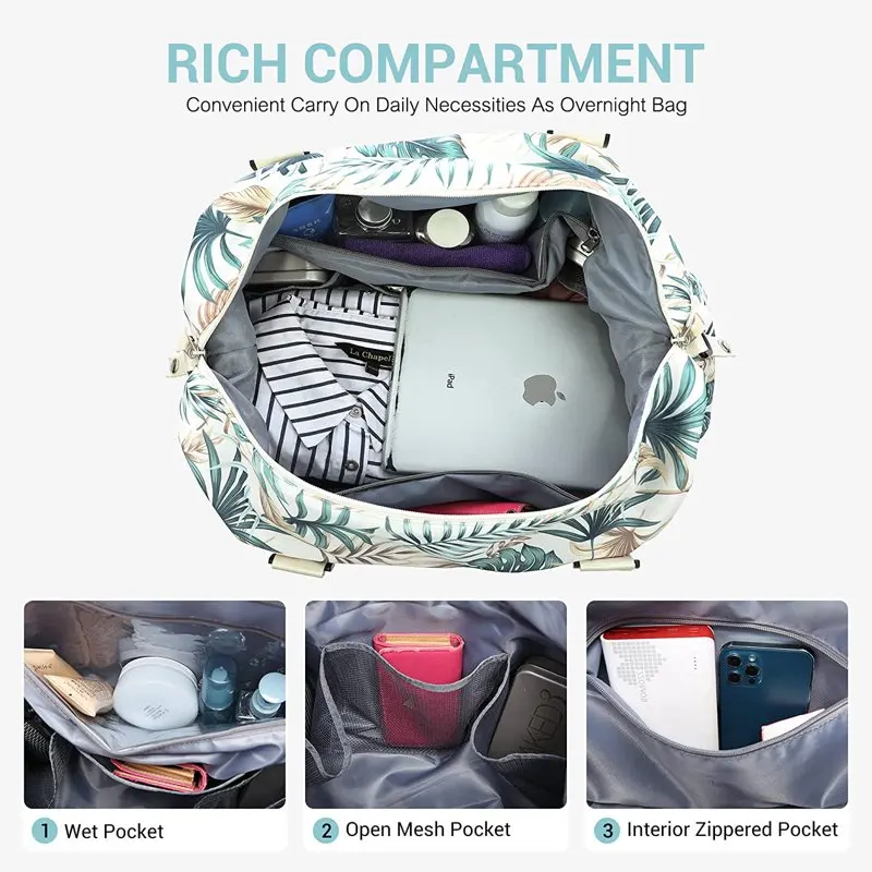Weekender Bag for Women, Travel Tote Bag Gym Duffel Bag with Toiletry Bag, Carry On Bag Overnight Bag with Wet Pocket(White-Leaf